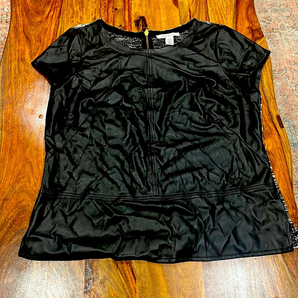 Pleather shirt in front, black & white with zipper in back. Size medium
